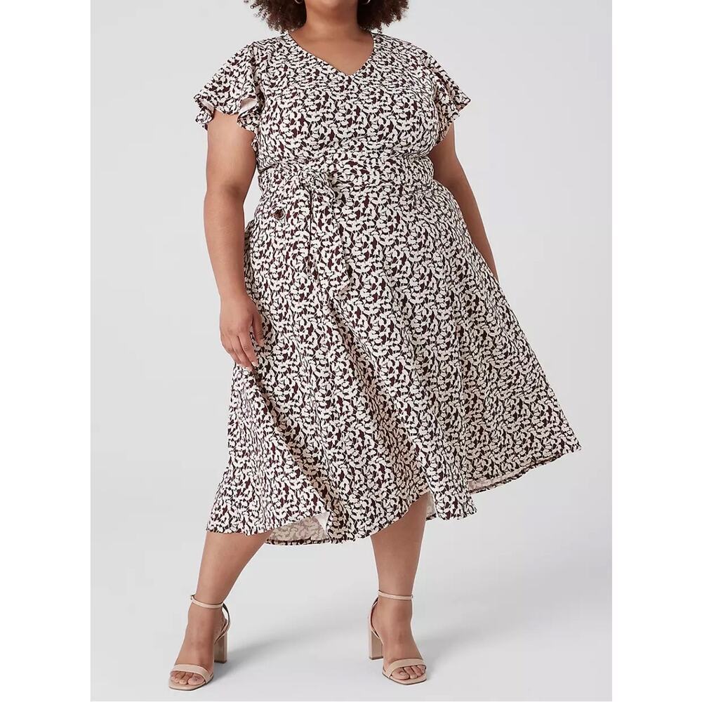 Lane Bryant Women’s Size 22 NWT Brown Cream Floral Midi Dress Tie Waist Flutter